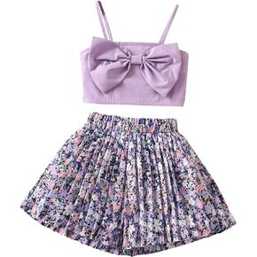 BEAUDRM Girl's 2 Piece Solid Bow Front Sleeveless Spaghetti Strap Camisole and Allover Floral Print Shorts Sets