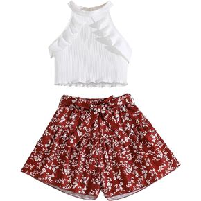 Verdusa Girl's Two Piece Ruffle Halter Tank Top and Shorts Casual Outfits