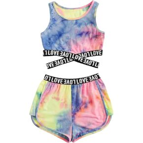Verdusa Girl's Casual 2 Piece Set Tie Dye Letter Tape Tank Top and Track Shorts Set