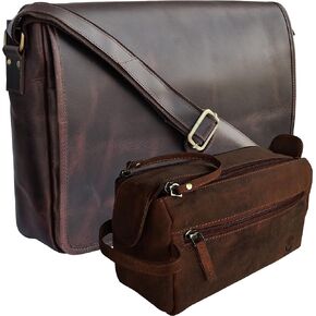 RUSTIC TOWN Handcrafted Genuine Leather Messenger and Toiletry Bag Combo - The Best Travel Gift For Men Women