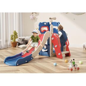 Babytronic Toddler Slide, 6 in 1 Kids Indoor Slide for Toddlers 1-3, Baby Slide for Indoor Outdoor with Basketball Hoop and Telescope, L Shaped Slide for Kids Toddler Slide Playset (Blue&Red)