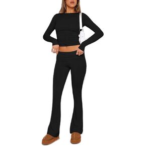 Moda Melanin Womens Two PSC Y2K Outfits 2 PSC Lounge Sets for Women, Long Sleeve Crop Top & Pants Fold-Over Flare Tracksuits