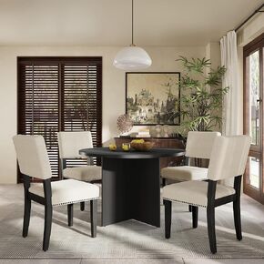 طقم طاولة الحد الأدنى من HAUSHECK لـ 4 أشخاص، سطح طاولة دائري أملس، كراسي طعام منجدة، أرجل خشب الصنوبر، طاولة وكراسي مطبخ حديثة وأثاث منزلي للأماكن الصغيرة، أسود in Kuwait