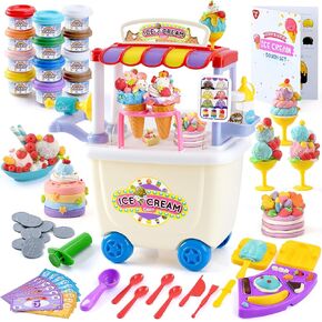 PLAY Ice Cream Cart Toys for Kids - Color Dough Ice Cream Sets for Kids Ages 4-8 with 12 Cans, Ice Cream Truck Toys for Kids, Pretend Play Toy Ice Cream Shop Counter Playset for Girls Boys Kids Gifts