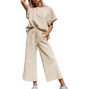 OPCAKM Women's 2 Piece Textured Sweatsuit Short Sleeve Pullover Top Wide Leg Pant Tracksuit Set
