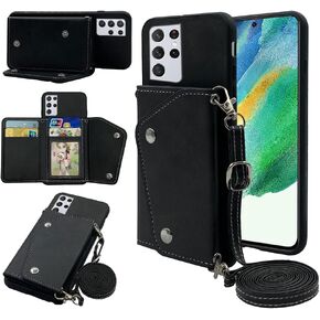 Compatible with Samsung Galaxy S24 Ultra 5G Wallet Cover with Shoulder Strap, Retro Leather Flip Purse Credit Card Holder Stand Cell Phone Cover for S24Ultra 24S S 24 24Ultra Women Men Black