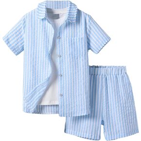 COZYEASE Boys' Kids Button Down Short Sleeve Plain Collared Pocket Shirts & Casual Shorts