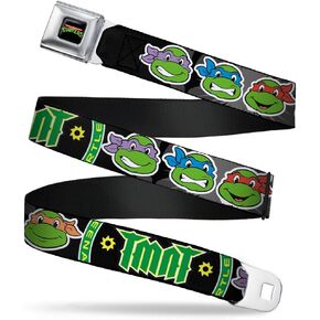 Buckle-Down Seatbelt Belt - Classic TMNT Group Faces/TMNT/Ninja Star Black/Green - 1.0" Wide - 20-36 Inches in Length