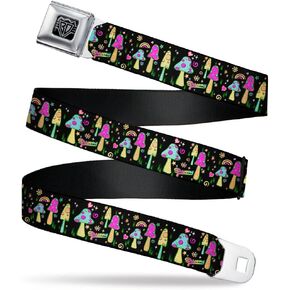 Buckle-Down Belt, Seatbelt Buckle Belt, Mushroom Shroomy Garden Black Multi Color, Adjustable