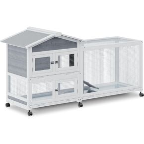 MoNiBloom Rabbit Hutch Bunny Cage Indoor & Outdoor Lager Rabbit House on Wheels, Lager Guinea Pig Cage with Run, 2 Pull-Out Trays, Gray