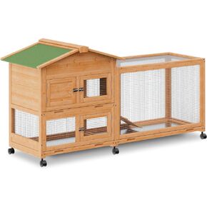 MoNiBloom Rabbit Hutch Bunny Cage Indoor & Outdoor Lager Rabbit House on Wheels, Lager Guinea Pig Cage with Run, 2 Pull-Out Trays, Gray