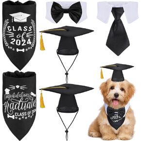Weewooday 6 Pcs 2025 Pet Dog Graduation Cap Adjustable Pets Dog Cat Bow Tie Dog Graduation Bandana Caps with Yellow Tassel Formal Tuxedo Costume Necktie Collar Stripes for Small Dogs Cats
