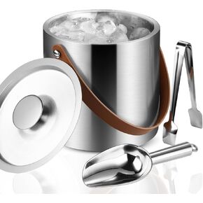 Stainless Steel Double-Wall Insulated Ice Bucket with Lid, Scoop, Tong, Strainer, Leather Handle Keep Ice Frozen Longer Large Wine Ice Buckets for Parties Cocktail Bar Chilling Champagne 2L