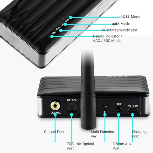 جهاز إرسال بلوتوث للتلفزيون طويل المدى APTX منخفض الكمون من HomeSpot محول صوت لاسلكي للتلفزيون والألعاب ودعم الصوت البصري والمحوري و3.5 مم in Kuwait