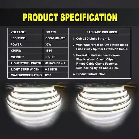 LED Truck Bed Lights, 60 Inches, 2 Pack, COB 1584 LEDs, 6500K,12V, 30W, Waterproof, with Switch, 5A Fuse Holder, Easy Install, Ideal for Truck Cargo Lighting in Kuwait