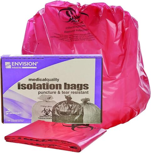 Stout by Envision "Envision ISR-33-H أكياس جمع النفايات المعدية، LLDPE، 33 بوصة × 40 بوصة"، سعة 33 جالون، سمك 1.2 مل، 3 جالون، أحمر، عبوة من 100 بوصة in Kuwait