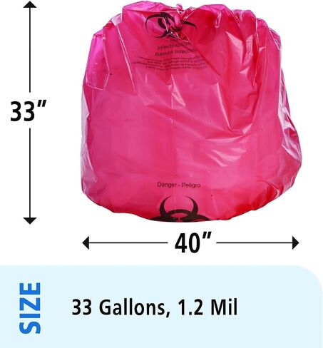 Stout by Envision"Envision ISR-33-H Infectious Waste Collection Bags, LLDPE, 33"" x 40"", 33 gal Capacity, 1.2 Mil Thickness, 3 Gallon, Red, Pack of 100" in Saudi Arabia