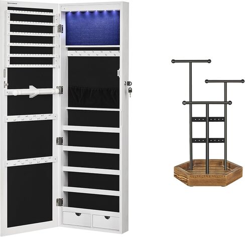 SONGMICS Mirror Jewelry Cabinet and Jewelry Holder Bundle, Jewelry Organizer, 47.2-Inch Tall Lockable Wall or Door Mounted Jewelry Armoire Organizer with Mirror, for Rings UJJC93W and UJJS03CB in Saudi Arabia