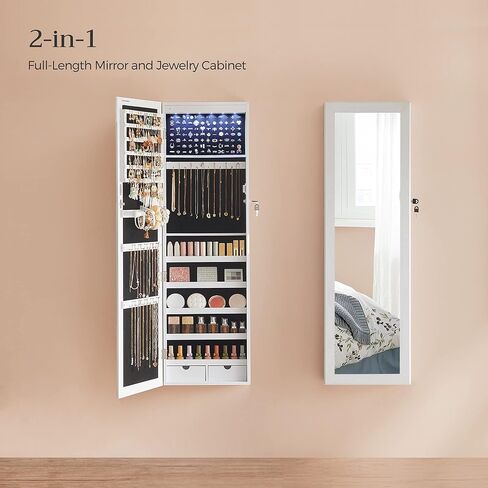 SONGMICS Mirror Jewelry Cabinet and Jewelry Holder Bundle, Jewelry Organizer, 47.2-Inch Tall Lockable Wall or Door Mounted Jewelry Armoire Organizer with Mirror, for Rings UJJC93W and UJJS03CB in Saudi Arabia