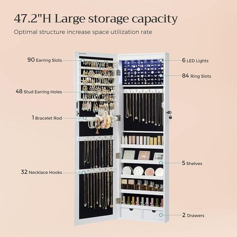 SONGMICS Mirror Jewelry Cabinet and Jewelry Holder Bundle, Jewelry Organizer, 47.2-Inch Tall Lockable Wall or Door Mounted Jewelry Armoire Organizer with Mirror, for Rings UJJC93W and UJJS03CB in Saudi Arabia