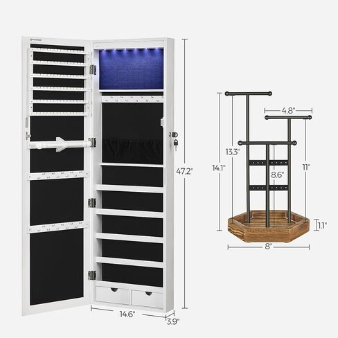 SONGMICS Mirror Jewelry Cabinet and Jewelry Holder Bundle, Jewelry Organizer, 47.2-Inch Tall Lockable Wall or Door Mounted Jewelry Armoire Organizer with Mirror, for Rings UJJC93W and UJJS03CB in Saudi Arabia