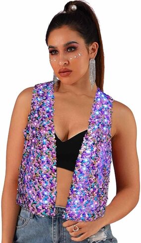 Edary Women's Light Up Sequin Vest Sparkly Sleeveless Open Front Jacket Coat Night Club Disco Waistcoat Jackets in Saudi Arabia