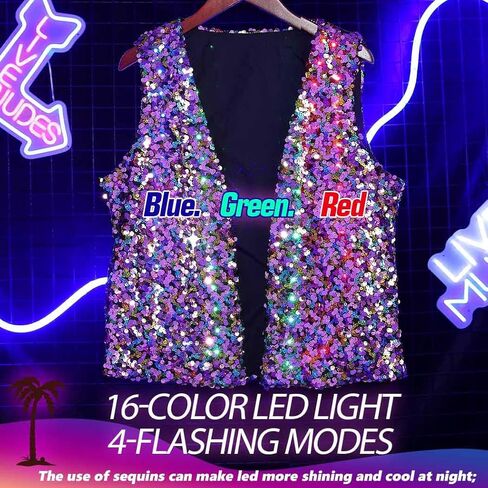Edary Women's Light Up Sequin Vest Sparkly Sleeveless Open Front Jacket Coat Night Club Disco Waistcoat Jackets in Saudi Arabia