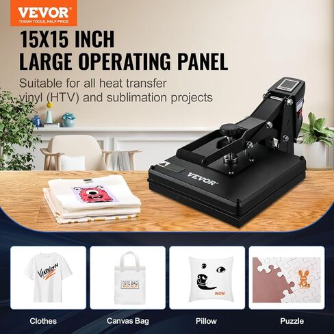 VEVOR Heat Press, 15x15 Power Heat Press Machine, Fast Heating, High Pressure Heat Press Machine for T-Shirt, Digital Industrial Sublimation Printer for Heat Transfer Vinyl, Easy to Use, Black in Saudi Arabia