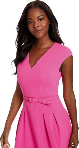 London Times V-Neck Knee Length Fit and Flare Belt | Business Casual Dress for Women in Saudi Arabia