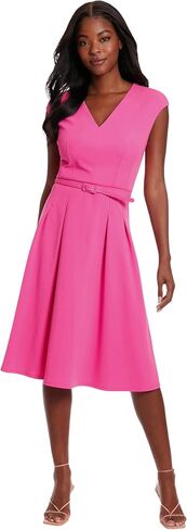 London Times V-Neck Knee Length Fit and Flare Belt | Business Casual Dress for Women in Saudi Arabia