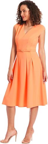 London Times V-Neck Knee Length Fit and Flare Belt | Business Casual Dress for Women in Saudi Arabia