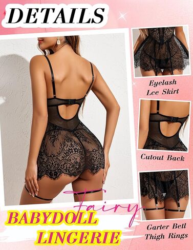 ملابس داخلية Avidlove Babydoll للنساء من الدانتيل، قميص نوم مثير مع حزام رباط (أسود، XXL) in Kuwait