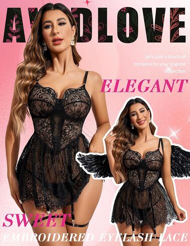ملابس داخلية Avidlove Babydoll للنساء من الدانتيل، قميص نوم مثير مع حزام رباط (أسود، XXL) in Kuwait