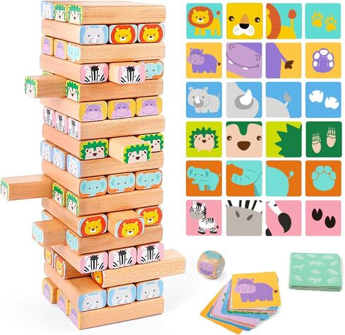 Nene Toys Wooden Tumble Tower Game with Animals & Colors, 4-in-1 Educational Family Board Game for Kids Ages 3-9, Creativity & Cognitive Skills Booster - Gift for Boys Girls 3+ Years in Saudi Arabia