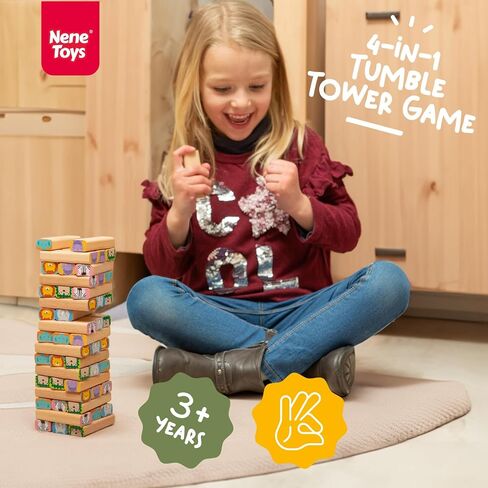 Nene Toys Wooden Tumble Tower Game with Animals & Colors, 4-in-1 Educational Family Board Game for Kids Ages 3-9, Creativity & Cognitive Skills Booster - Gift for Boys Girls 3+ Years in Saudi Arabia
