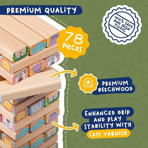 Nene Toys Wooden Tumble Tower Game with Animals & Colors, 4-in-1 Educational Family Board Game for Kids Ages 3-9, Creativity & Cognitive Skills Booster - Gift for Boys Girls 3+ Years in Saudi Arabia
