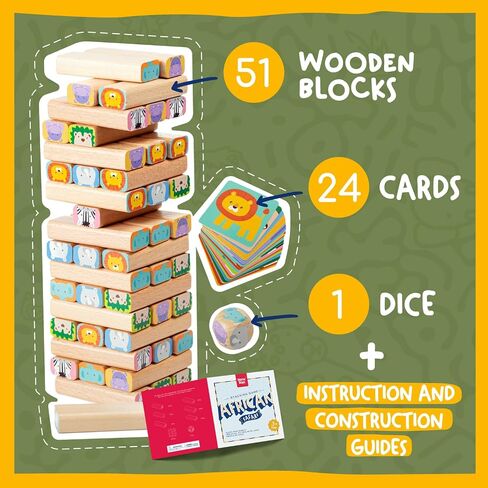 Nene Toys Wooden Tumble Tower Game with Animals & Colors, 4-in-1 Educational Family Board Game for Kids Ages 3-9, Creativity & Cognitive Skills Booster - Gift for Boys Girls 3+ Years in Saudi Arabia