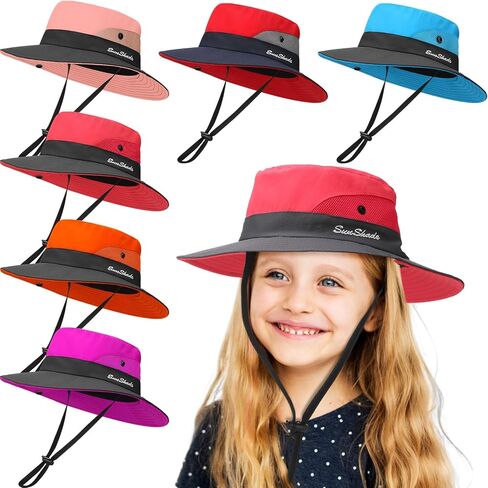 Sureio 6 Pcs Kids Summer Sun Hat for Girls 5-10Y Summer Bucket Cap with Ponytail Hole UV Protection Fishing Hat Foldable Wide Brim Kids Ponytail Hats with Rope Youth Hiking Beach Golf, Multicolor in Saudi Arabia