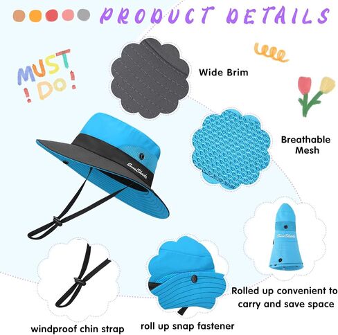Sureio 6 Pcs Kids Summer Sun Hat for Girls 5-10Y Summer Bucket Cap with Ponytail Hole UV Protection Fishing Hat Foldable Wide Brim Kids Ponytail Hats with Rope Youth Hiking Beach Golf, Multicolor in Saudi Arabia