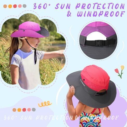 Sureio 6 Pcs Kids Summer Sun Hat for Girls 5-10Y Summer Bucket Cap with Ponytail Hole UV Protection Fishing Hat Foldable Wide Brim Kids Ponytail Hats with Rope Youth Hiking Beach Golf, Multicolor in Saudi Arabia