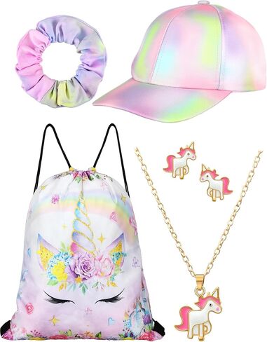 Bonuci 5 Pcs Girls Unicorn Theme Beach Hat Tie Dye Adjustable Baseball Cap Unicorn Bag Necklace Jewelry Hair Scrunchies for Beach Summer in Saudi Arabia