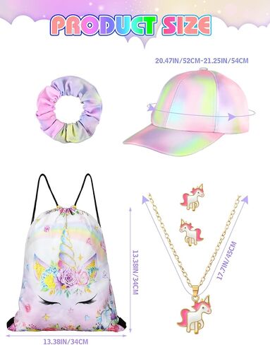 Bonuci 5 Pcs Girls Unicorn Theme Beach Hat Tie Dye Adjustable Baseball Cap Unicorn Bag Necklace Jewelry Hair Scrunchies for Beach Summer in Saudi Arabia
