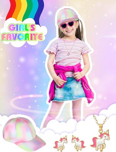 Bonuci 5 Pcs Girls Unicorn Theme Beach Hat Tie Dye Adjustable Baseball Cap Unicorn Bag Necklace Jewelry Hair Scrunchies for Beach Summer in Saudi Arabia