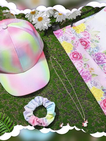 Bonuci 5 Pcs Girls Unicorn Theme Beach Hat Tie Dye Adjustable Baseball Cap Unicorn Bag Necklace Jewelry Hair Scrunchies for Beach Summer in Saudi Arabia