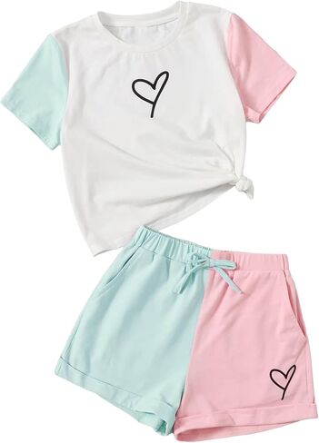 Floerns Girl's Colorblock Short Sleeve Tee Shirt with Shorts Set Two Piece Outfit in Saudi Arabia