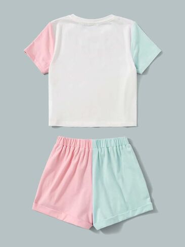 Floerns Girl's Colorblock Short Sleeve Tee Shirt with Shorts Set Two Piece Outfit in Saudi Arabia