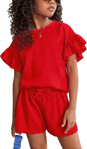 Milumia Girl's 2 Piece Outfits Ruffle Trim Short Sleeve Crew Neck Blouse and Shorts Set in Saudi Arabia