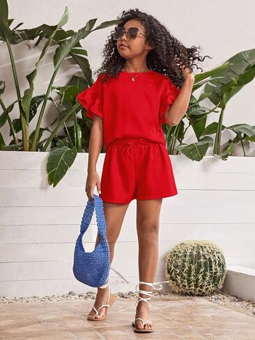 Milumia Girl's 2 Piece Outfits Ruffle Trim Short Sleeve Crew Neck Blouse and Shorts Set in Saudi Arabia