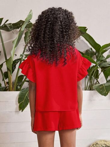 Milumia Girl's 2 Piece Outfits Ruffle Trim Short Sleeve Crew Neck Blouse and Shorts Set in Saudi Arabia