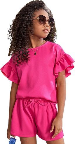 Milumia Girl's 2 Piece Outfits Ruffle Trim Short Sleeve Crew Neck Blouse and Shorts Set in Saudi Arabia